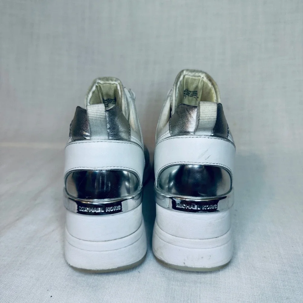 Michael Kors Georgie White Silver Laser Cut Wedge Sneakers Fashion Trainers
